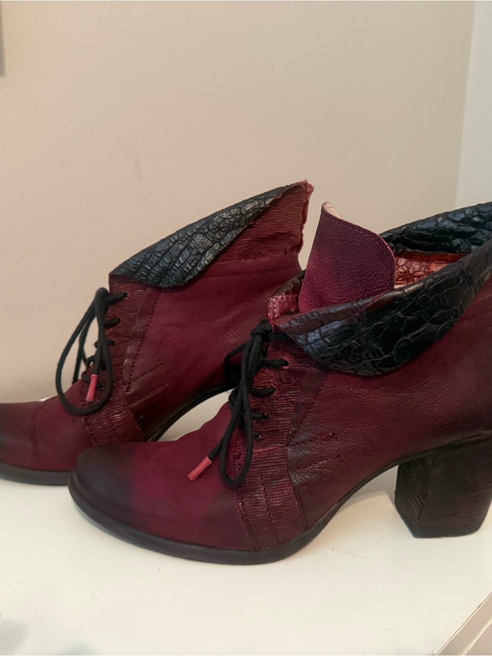 Women's Burgundy Lace-Up Heeled Ankle Boots with Textured Collar
